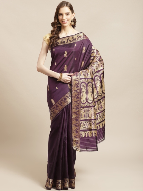 

Biswa Bangla Burgundy & Golden Pure Silk Hand Woven Design Baluchari Saree