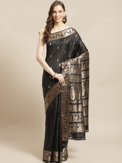 

Biswa Bangla Black & Golden Pure Silk Handwoven Design Baluchari Saree