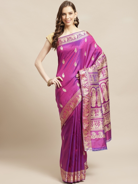 

Biswa Bangla Purple & Golden Pure Silk Handwoven Design Baluchari Saree