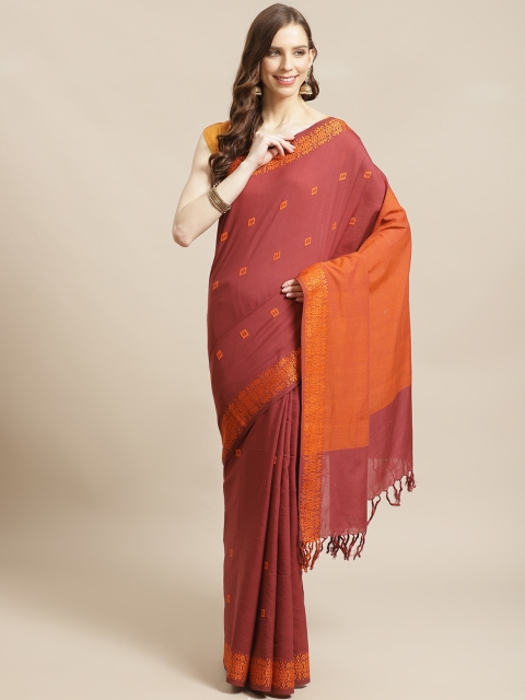 

Biswa Bangla Maroon & Orange Pure Cotton Handwoven Begumpuri Saree