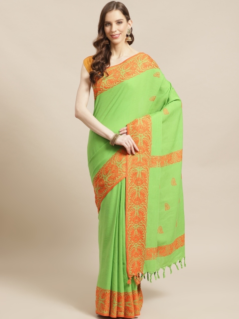 

Biswa Bangla Green & Orange Handwoven Pure Cotton Solid Dokhna Saree
