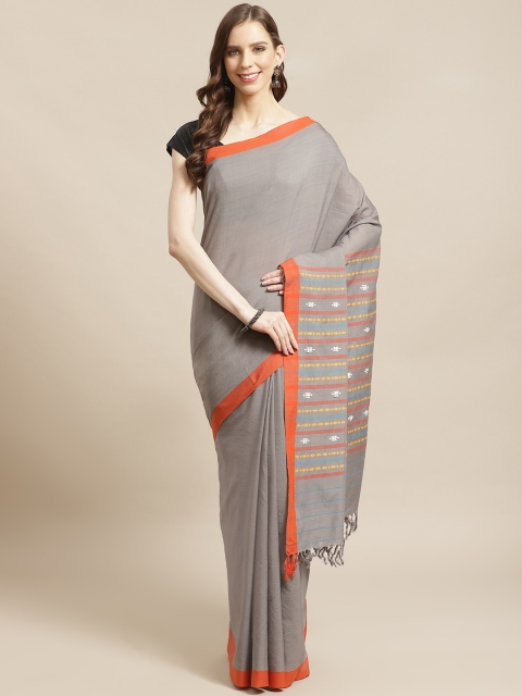 

Biswa Bangla Grey & Orange Pure Cotton Handwoven Solid Begumpuri Saree