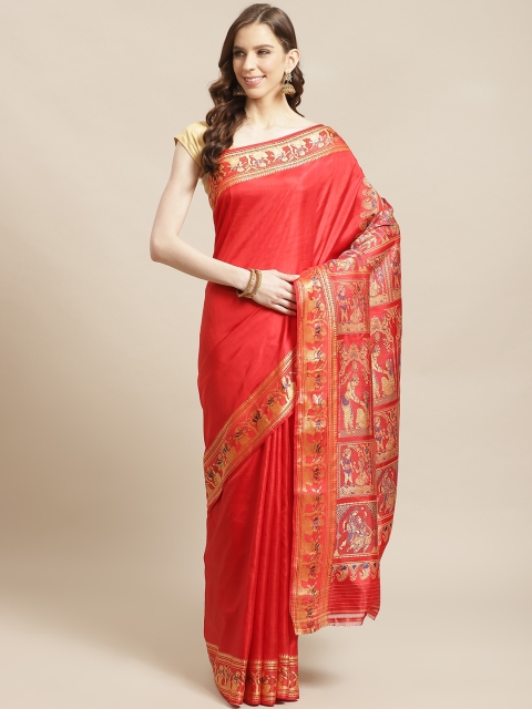 

Biswa Bangla Red & Golden Pure Silk Hand Woven Solid Baluchari Saree