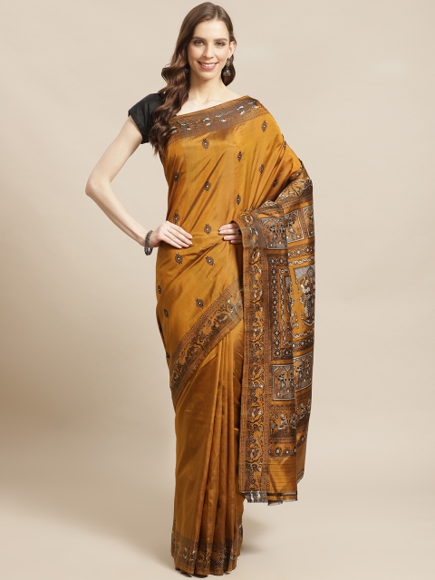 

Biswa Bangla Mustard Brown & Black Pure Silk Mina Work Handwoven Baluchari Saree