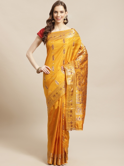 

Biswa Bangla Mustard Yellow & Golden Pure Silk Woven Design Baluchari Saree