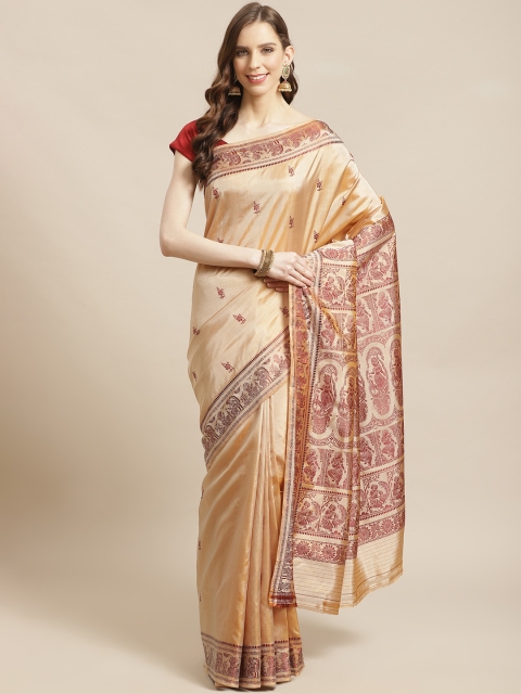 Biswa Bangla Beige & Maroon Pure Silk Printed Baluchari Saree
