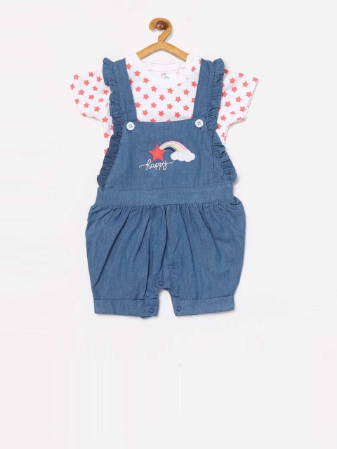 

BABY GO Infant Girls Blue Solid Dungarees With T-Shirt, White
