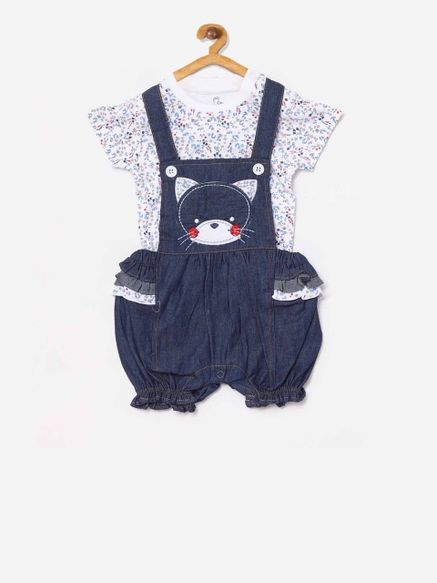 

BABY GO Girls Navy Blue & White Printed Dungarees With T-Shirt