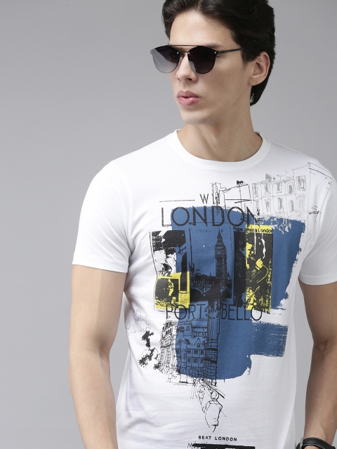 

BEAT LONDON by PEPE JEANS Men White Blue Typography Print Pure Cotton Slim Fit Pure Cotton T-shirt