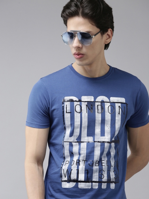 

BEAT LONDON by PEPE JEANS Men Blue Typography Printed Slim Fit Pure Cotton T-shirt