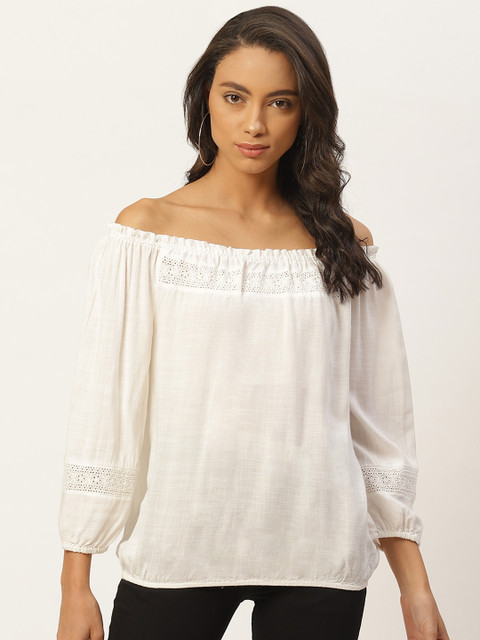

Xpose Women White Self Design Bardot Top with Floral Schiffli Embroidered Detail
