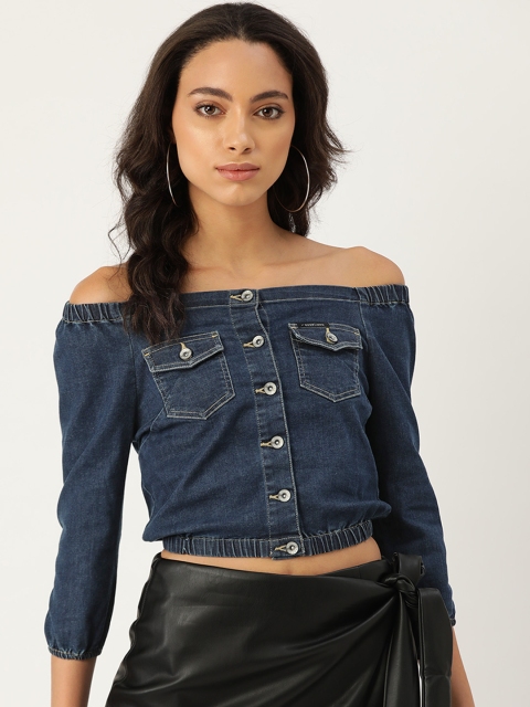 

Xpose Women Navy Blue Solid Denim Bardot Crop Top