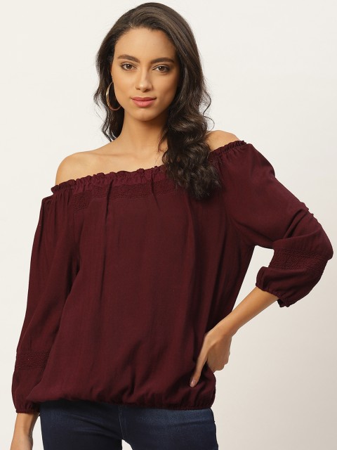 

Xpose Women Maroon Solid Bardot Top with Floral Schiffli Embroidered Detail