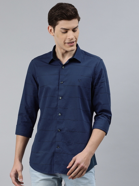 

Allen Solly Sport Men Navy Blue & Black Modern Slim Fit Striped Cotton Casual Shirt