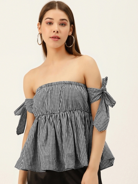 

Besiva Women Black & White Checked Pure Cotton Bardot Top