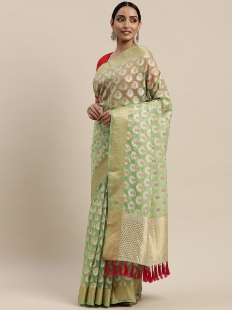 

VASTRANAND Green & Pink Silk Blend Woven Design Kanjeevaram Saree