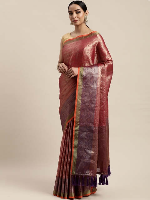 

VASTRANAND Pink & Gold-Coloured Silk Blend Woven Design Kanjeevaram Celebrity Saree