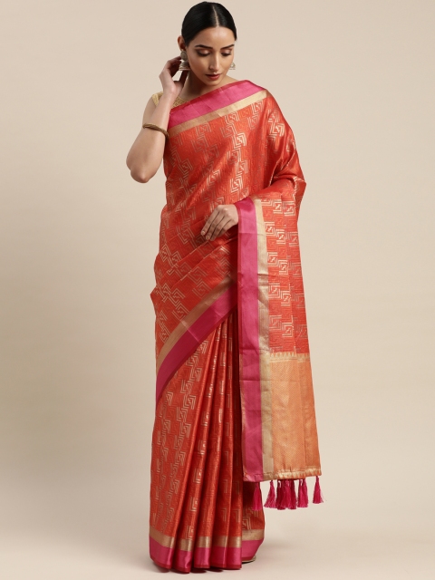 

VASTRANAND Orange & Gold-Coloured Silk Blend Woven Design Kanjeevaram Celebrity Saree