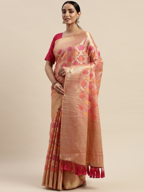 

VASTRANAND Pink & Gold-Toned Silk Blend Woven Design Kanjeevaram Saree