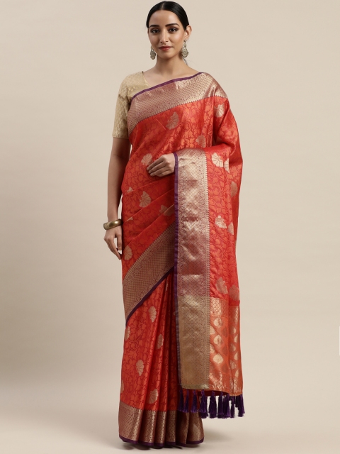 

VASTRANAND Red & Orange Silk Blend Woven Design Kanjeevaram Saree