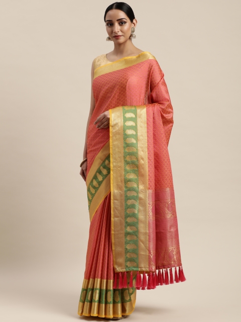 

VASTRANAND Pink & Orange Silk Blend Woven Design Kanjeevaram Saree