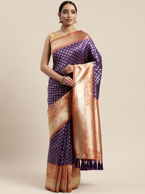 

VASTRANAND Purple & Gold-Toned Silk Blend Woven Design Banarasi Saree