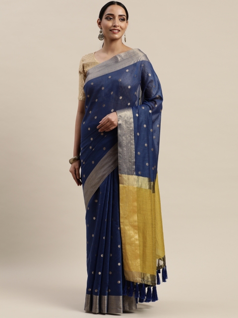 

VASTRANAND Navy Blue & Gold-Toned Silk Blend Woven Design Banarasi Saree