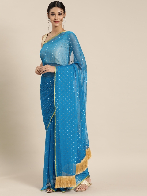 

GoSriKi Turquoise Blue & Golden Embellished Pure Chiffon Saree