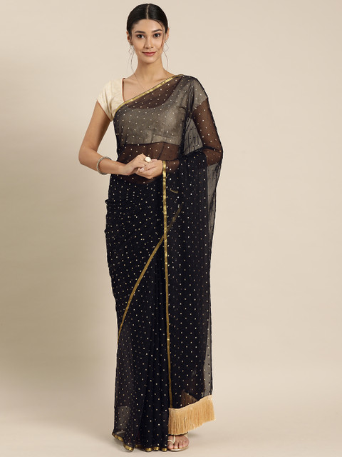 

GoSriKi Black & Golden Embellished Pure Chiffon Saree