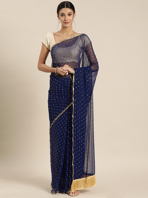 

GoSriki Navy Blue & Golden Embellished Pure Chiffon Saree