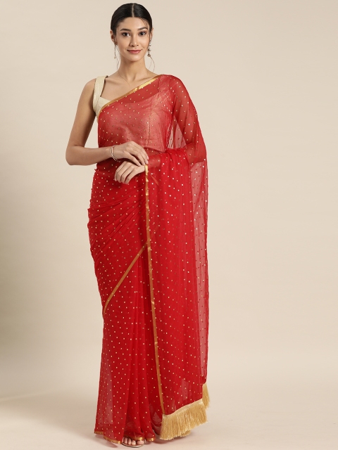 

GoSriKi Red & Golden Embellished Pure Chiffon Saree