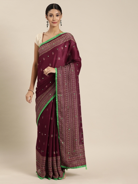 

GoSriKi Burgundy & Green Mirror-Work Embroidered Jute Silk Saree