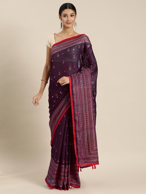 

GoSriKi Purple Embroidered Jute Silk Saree