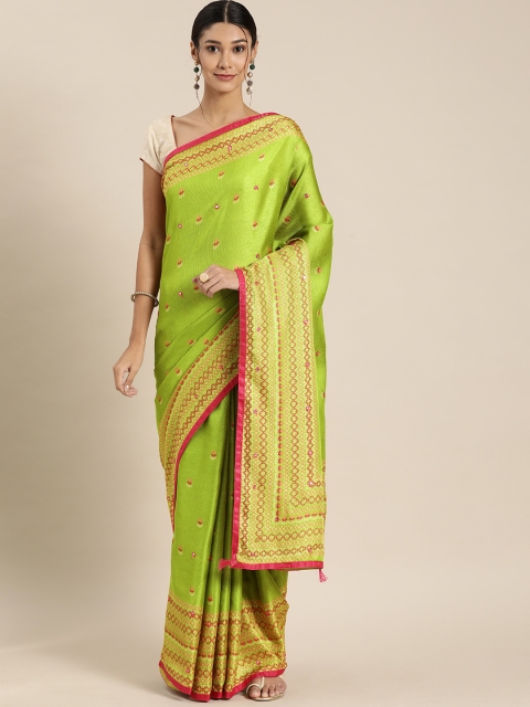 

GoSriKi Lime Green & Pink Mirror-Work Jute Silk Embroidered Saree