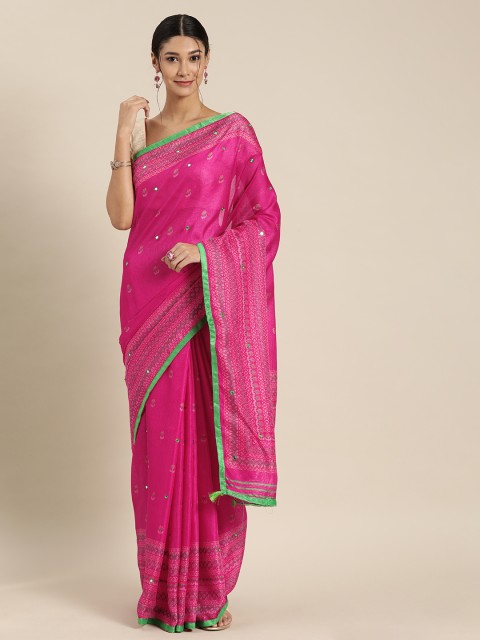 

GoSriKi Pink & Green Mirror-Work Jute Silk Embroidered Saree