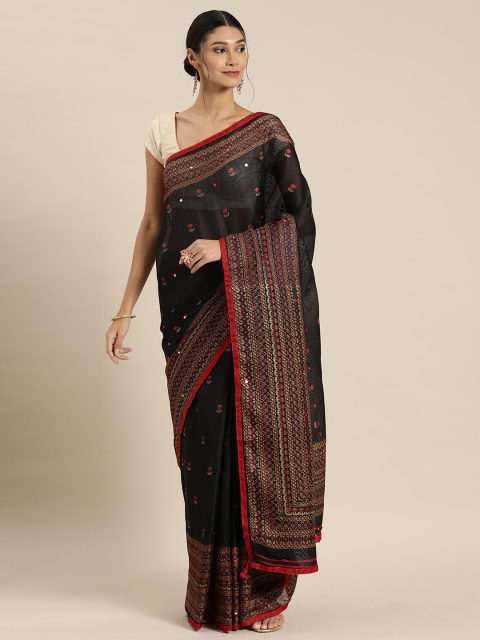 

GoSriKi Black Embroidered Jute Silk Saree
