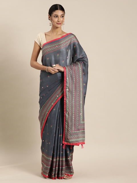 

GoSriKi Grey Mirror-Work Embroidered Jute Silk Saree