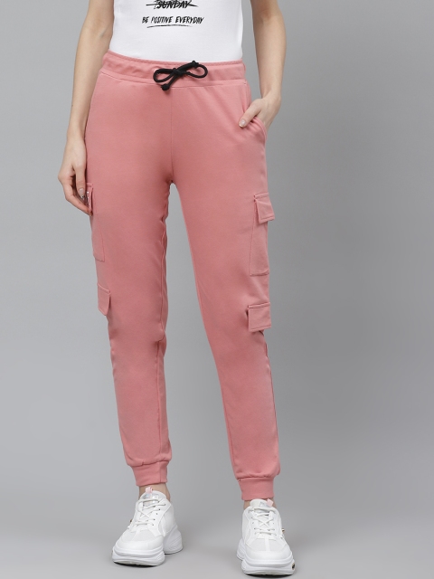 

Kook N Keech Women Peach-Coloured Straight Fit Solid Pure Cotton Cargo Joggers