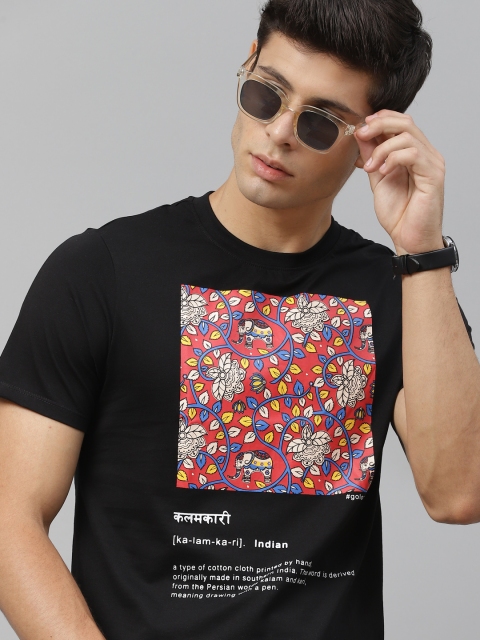 

Kook N Keech Men Black & Red Pure Cotton Kalamkari Printed T-shirt