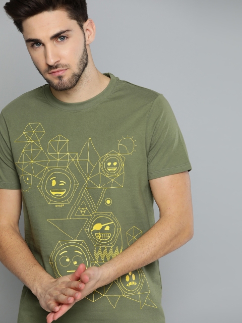 

Kook N Keech Emoji Men Olive Green Pure Cotton Printed Round Neck T-shirt