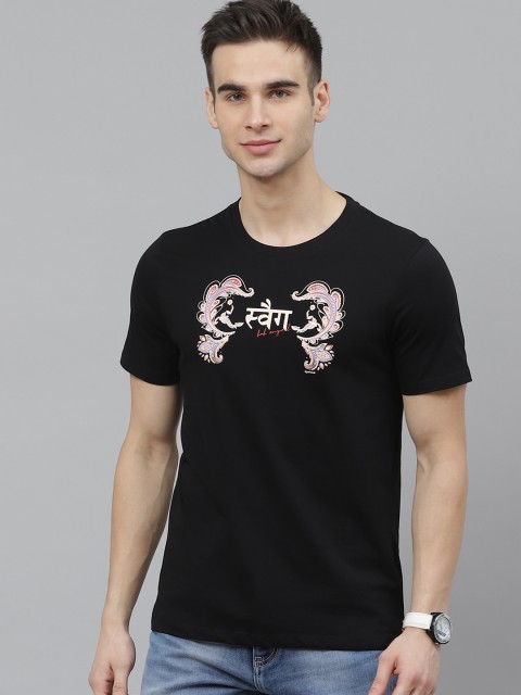 

Kook N Keech Men Black Kalamkari Printed Pure Cotton Round Neck T-shirt