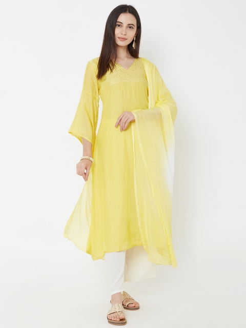 

FASHOR Women Yellow Embroidered Kurta with Trousers & Dupatta