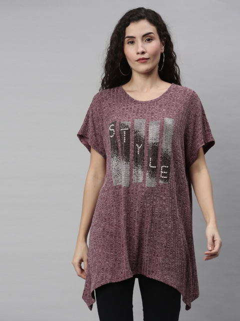

RHHENSO Women Burgundy Self Design Vegan Longline T-shirt
