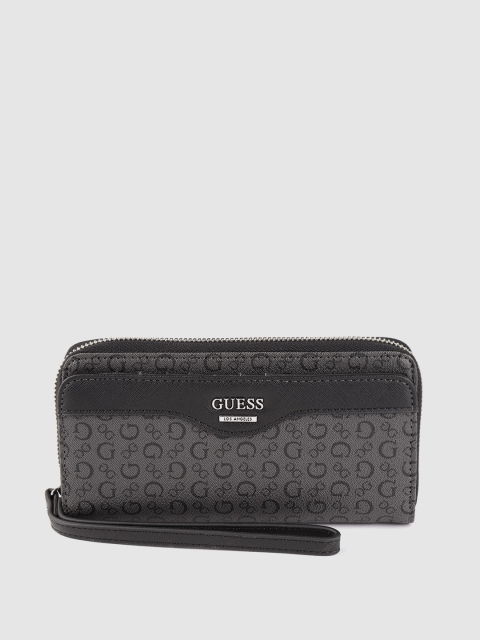 

GUESS Women Charcoal Grey & Black Brand Logo Print Zip Around Wallet with Wrist Loop