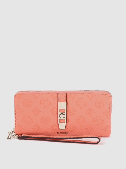 

GUESS Women Coral Orange Ethnic Motifs Textured Zip Around Wallet with Wrist Loop