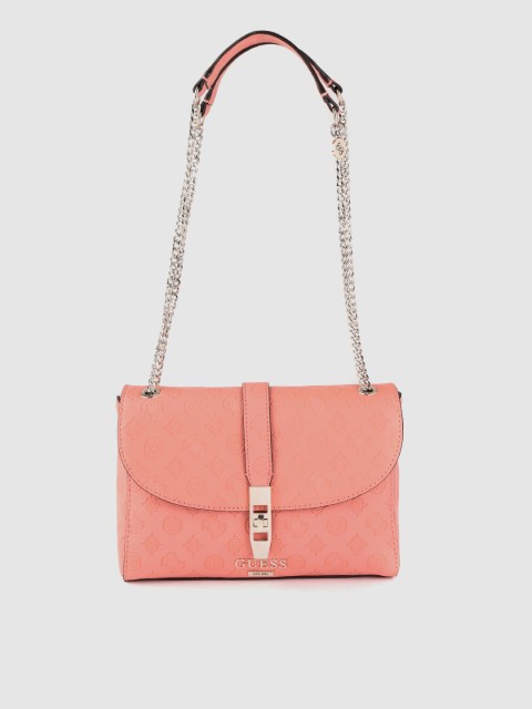 

GUESS Coral Orange Ethnic Motifs Textured Sling Bag with Non-Detachable Sling Strap