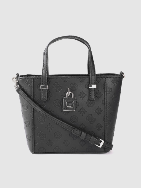

GUESS Black Brand Logo Textured Handheld Bag with Detachable Sling Strap
