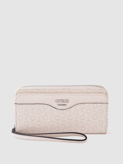 

GUESS Women Beige Brand Logo Textured Zip Around Wallet with Wrist Loop