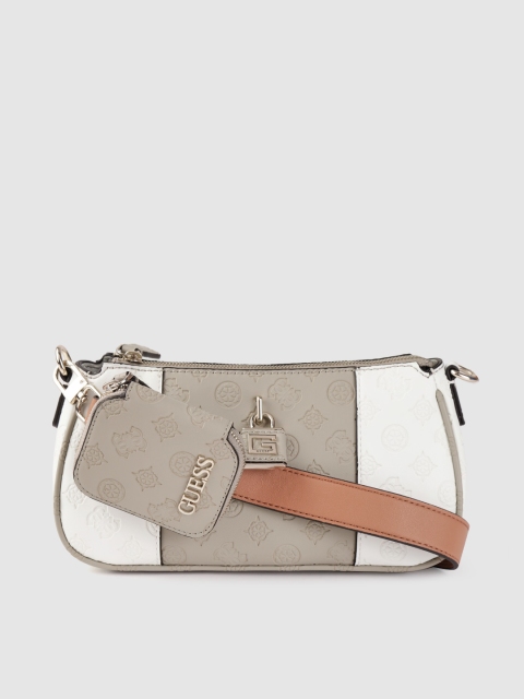 

GUESS Taupe & White Colourblocked & Brand Logo Textured Shoulder Bag with Coin Purse