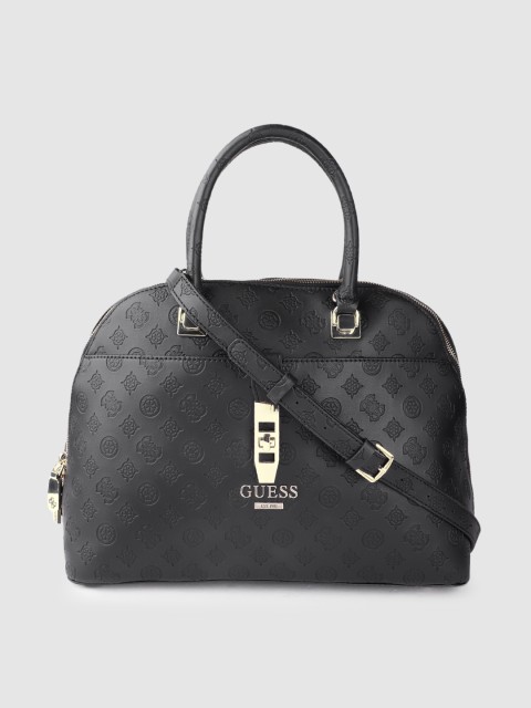 

GUESS Black Ethnic Motifs Textured Handheld Bag with Detachable Sling Strap